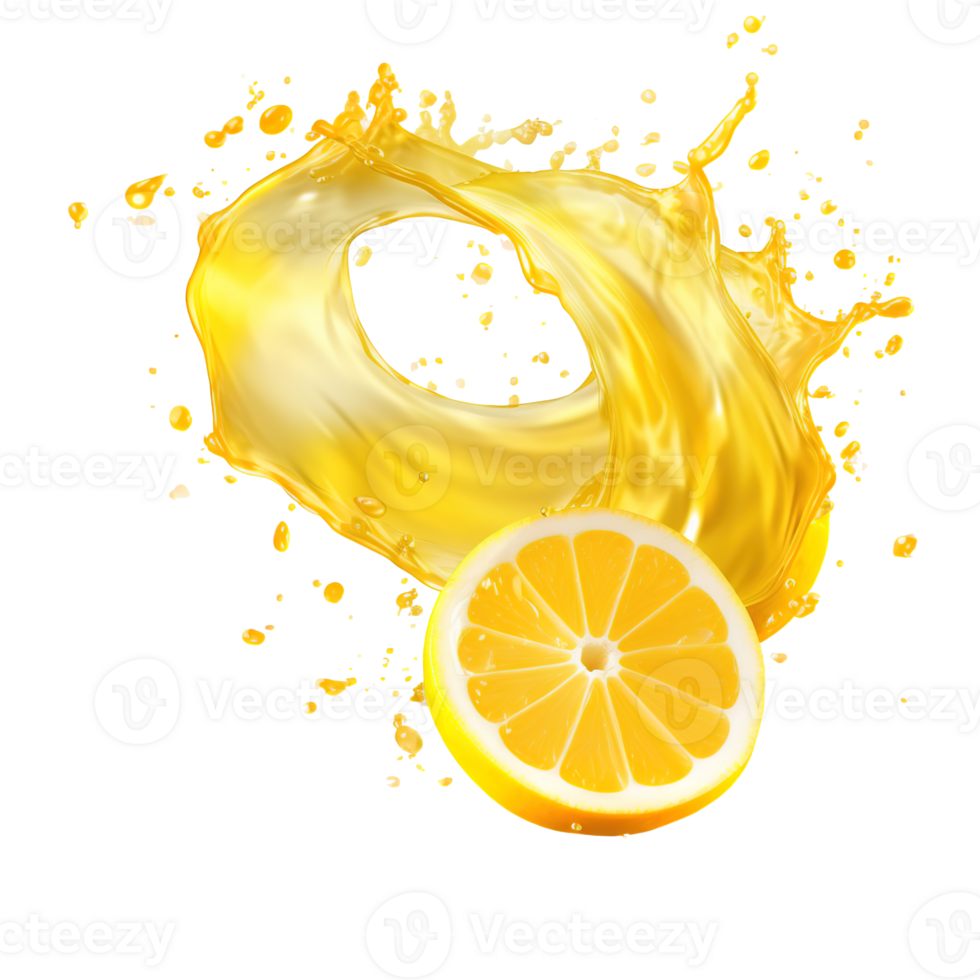 AI generated Capturing the dynamic essence of lemon juice splashes against a transparent background, featuring vibrant yellow liquid swirls and refreshing fruit drops png