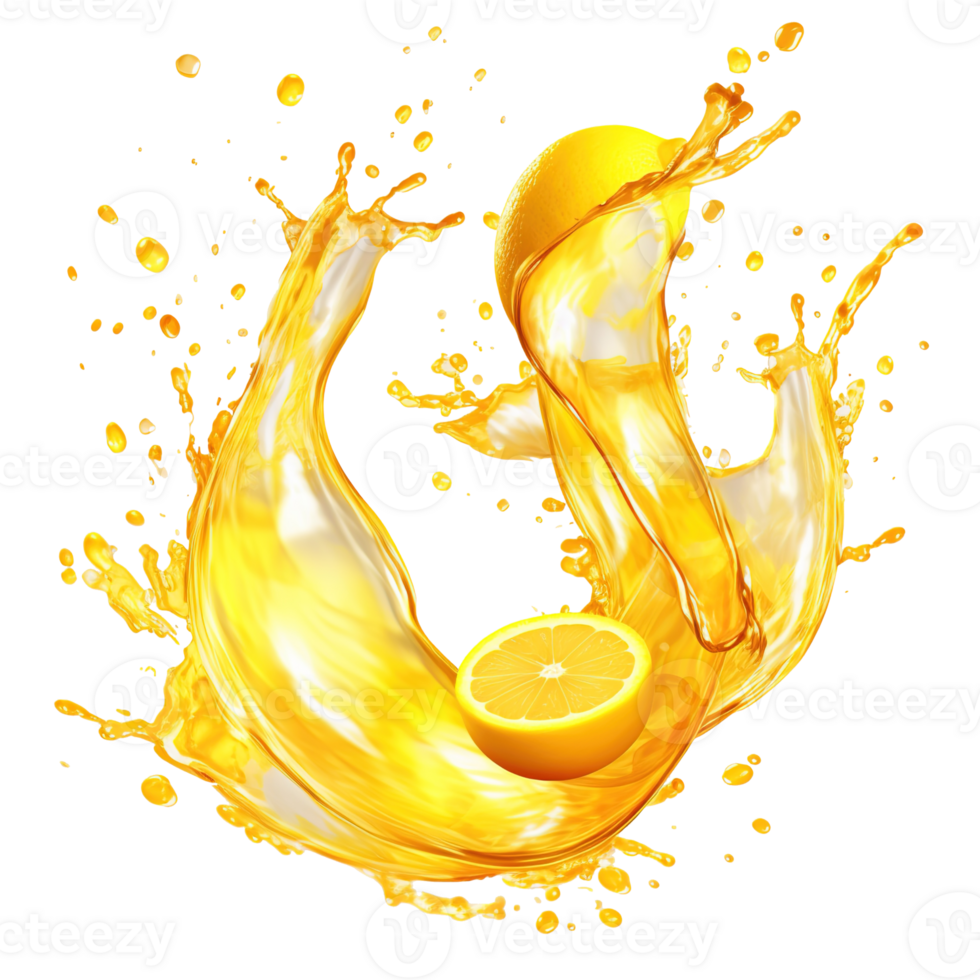 AI generated Capturing the dynamic essence of lemon juice splashes against a transparent background, featuring vibrant yellow liquid swirls and refreshing fruit drops png