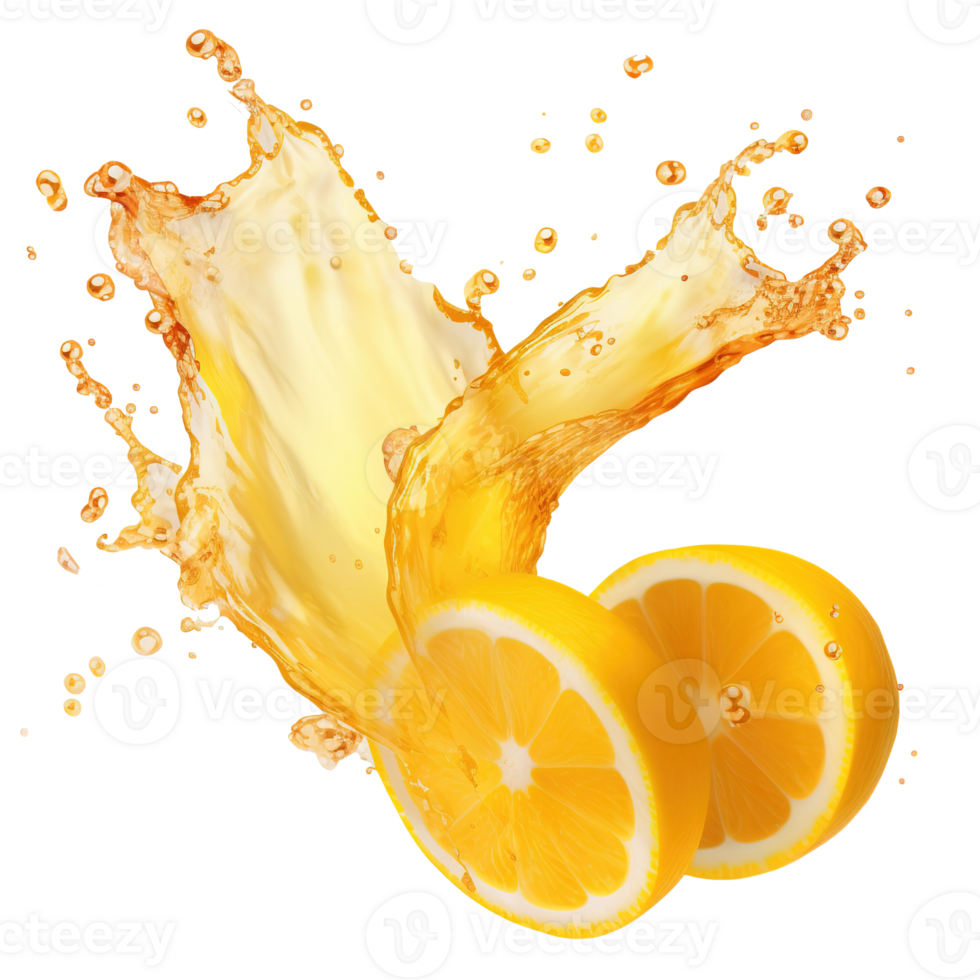 AI generated Capturing the dynamic essence of lemon juice splashes against a transparent background, featuring vibrant yellow liquid swirls and refreshing fruit drops png