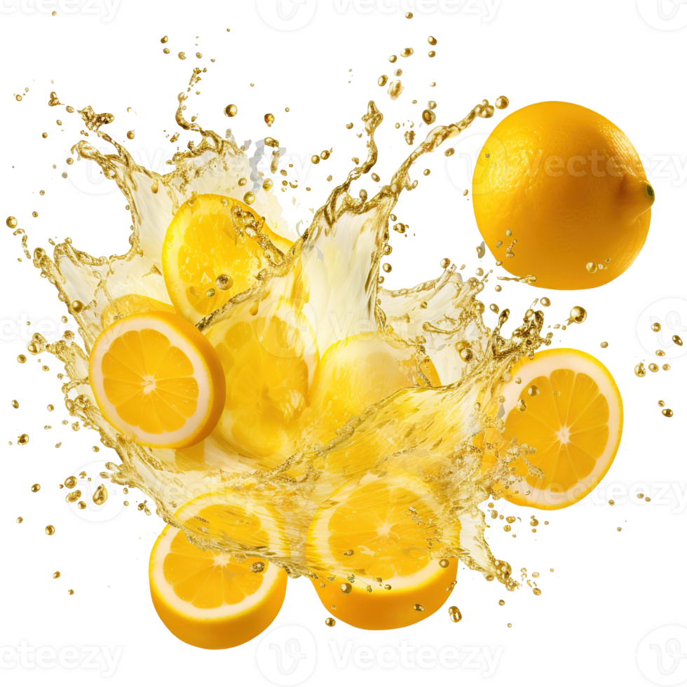 AI generated Capturing the dynamic essence of lemon juice splashes against a transparent background, featuring vibrant yellow liquid swirls and refreshing fruit drops png