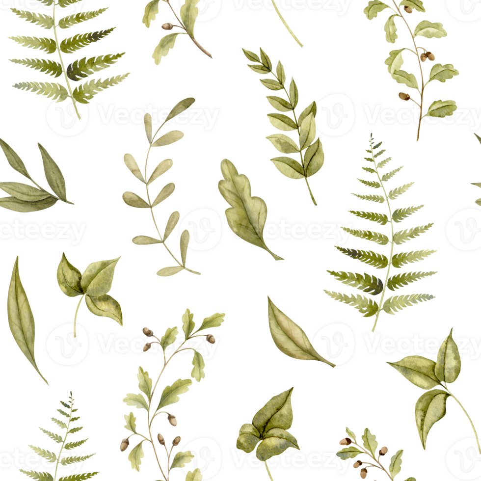 Seamless Forest Pattern with green plants. Watercolor woodland background with leaves and fern for textile design or wrapping paper. Botanical backdrop for wallpaper. Hand drawn illustration png