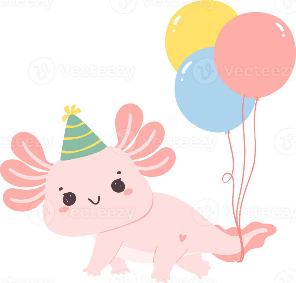 Cute Axolotl birthday flat design cartoon hand drawing png