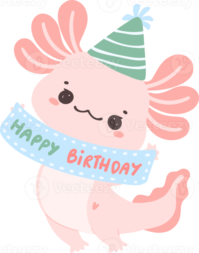 Cute Axolotl birthday flat design cartoon hand drawing png