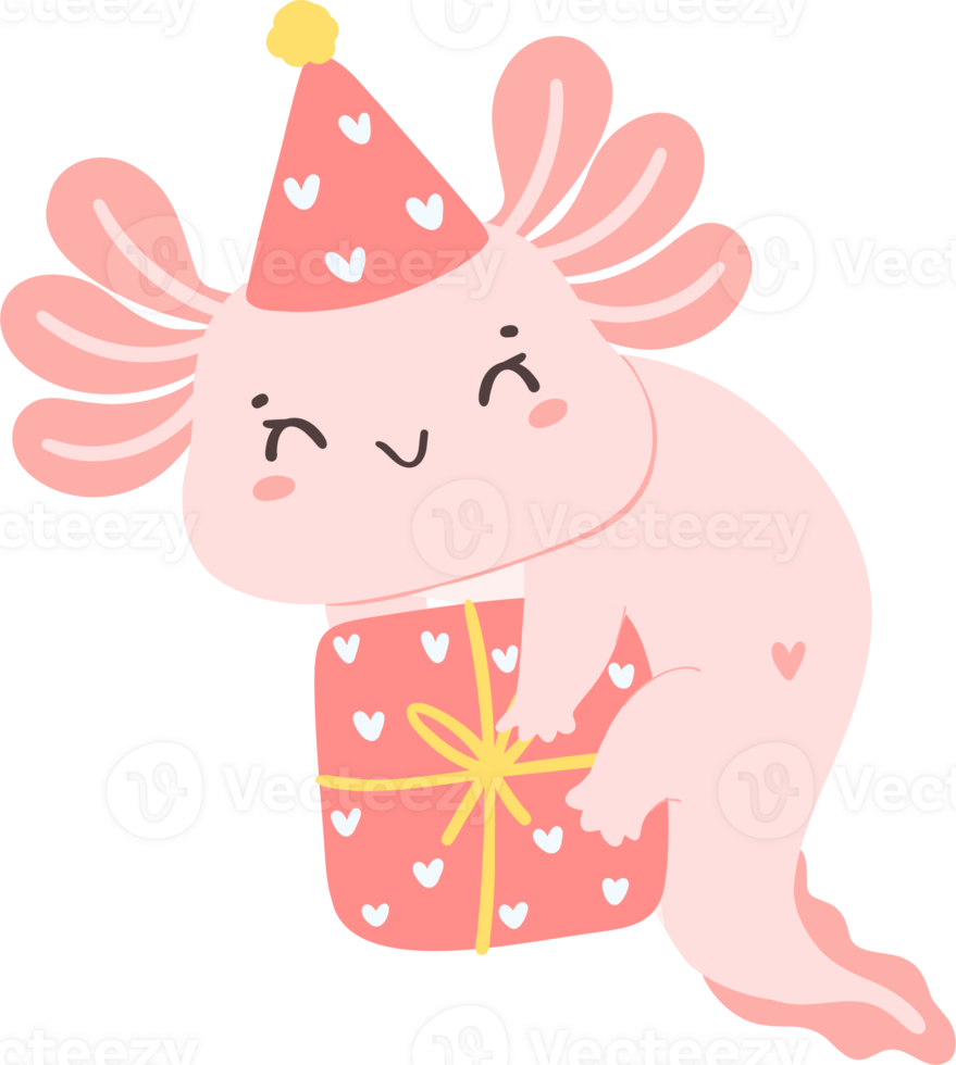 Cute Axolotl birthday flat design cartoon hand drawing png