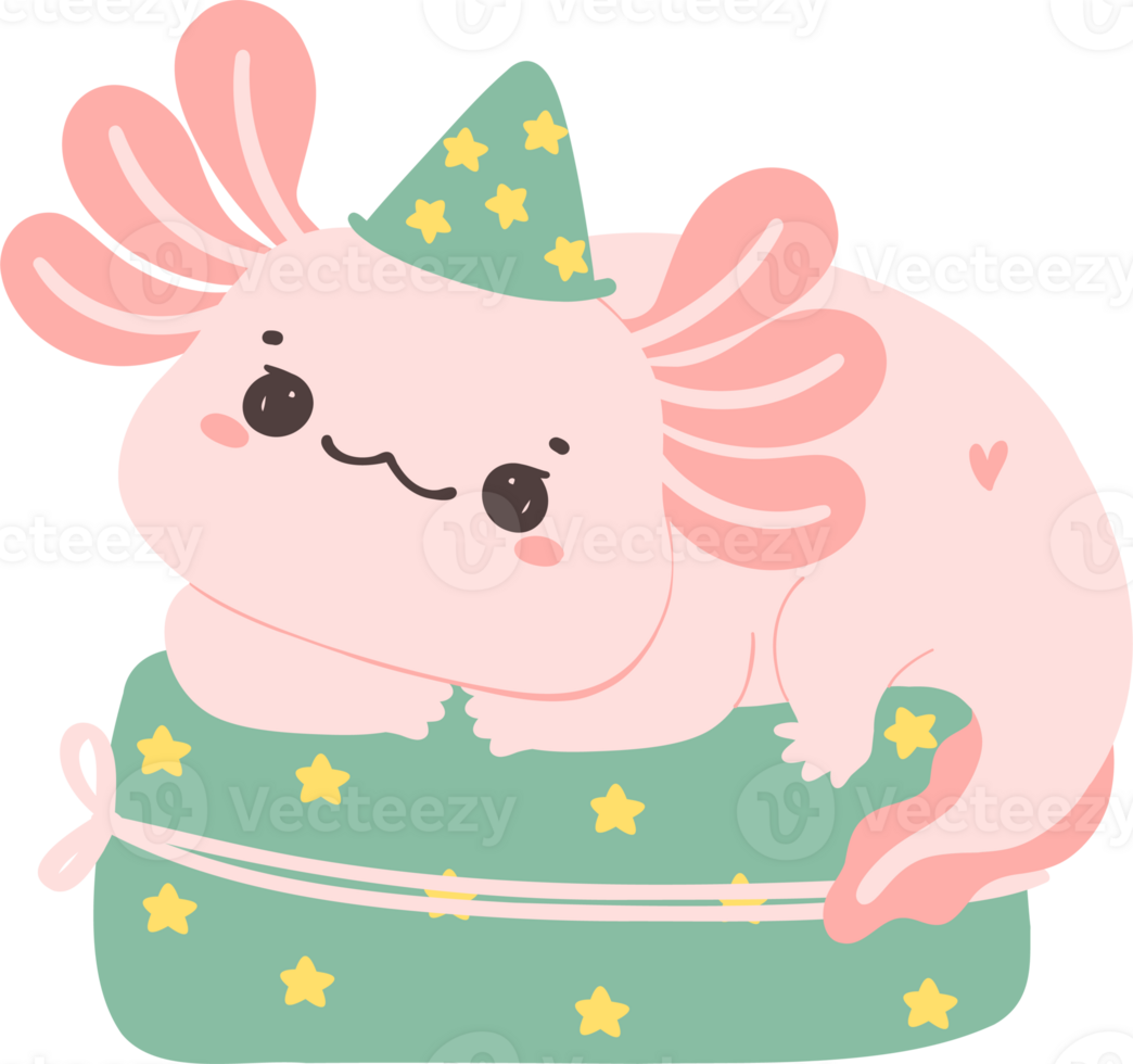 Cute Axolotl birthday flat design cartoon hand drawing png