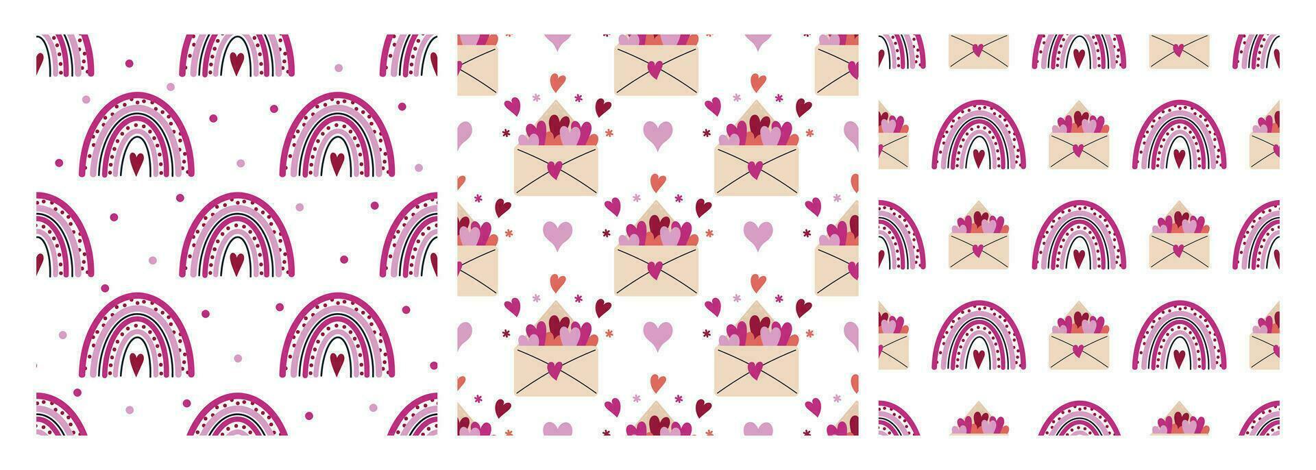 Cute pink rainbow and envelope with hearts, seamless vector pattern set. Romantic symbols of Valentines day, date, wedding. Love letter, valentine. Flat cartoon backgrounds for holiday cards, print