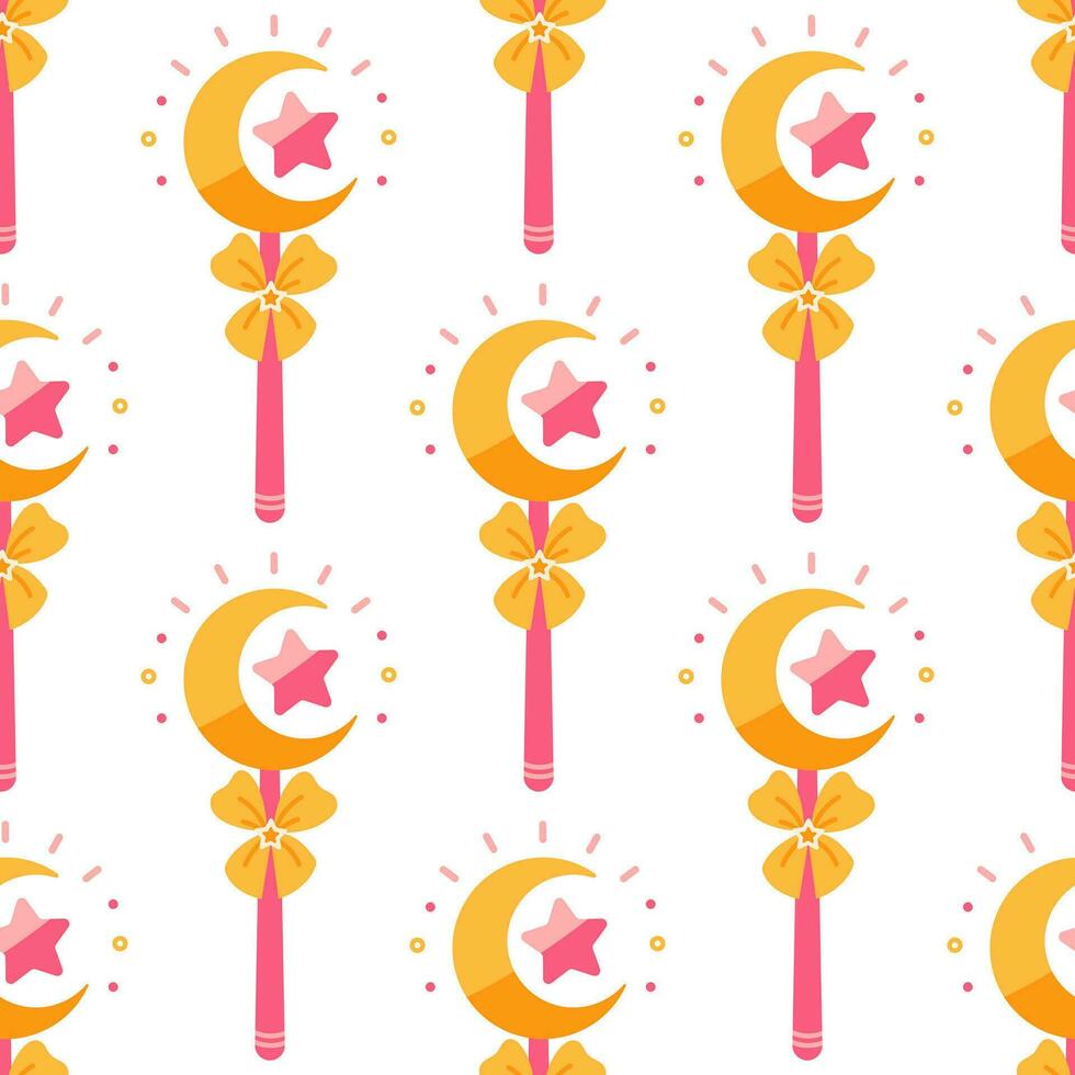 Magic wand seamless vector pattern. Pink stick with sparkling crescent moon, star, bow. A shining tool for a wizard, fairy, kid princess. A colorful toy for tricks, wishes. Flat cartoon background