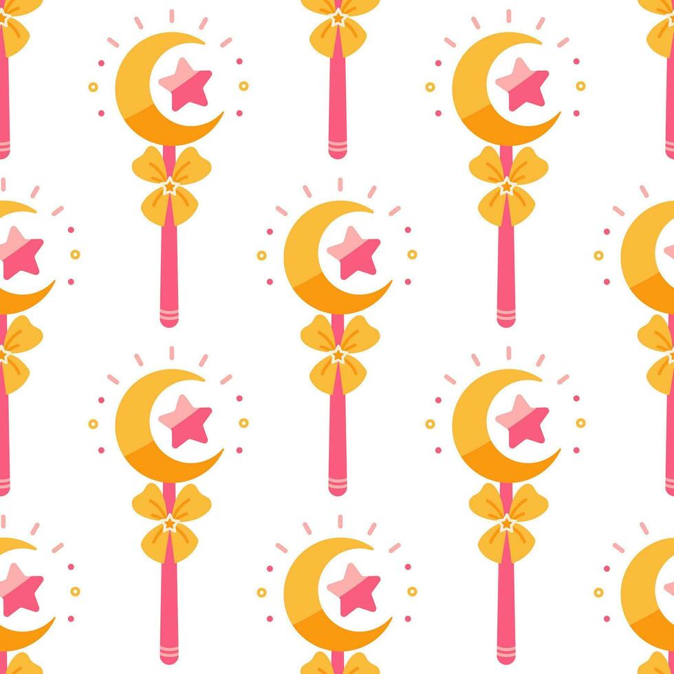 Magic wand seamless vector pattern. Pink stick with sparkling crescent moon, star, bow. A shining tool for a wizard, fairy, kid princess. A colorful toy for tricks, wishes. Flat cartoon background