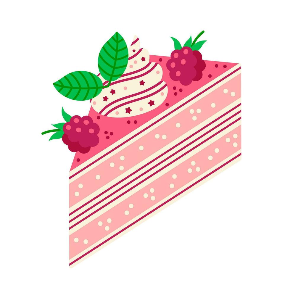 Piece of cake vector icon. Tasty pink dessert with biscuit, raspberry, meringue, sprinkles, mint leaves. Summer baking slice isolated on white. Sweet birthday pastry. Flat cartoon clipart for print