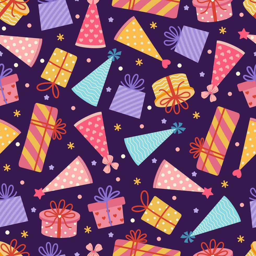 Party seamless vector pattern. Holiday hats and gift boxes on a dark background. Items for birthday, festival, carnival. Surprises with bows and colorful ribbons. Paper caps and presents for kids