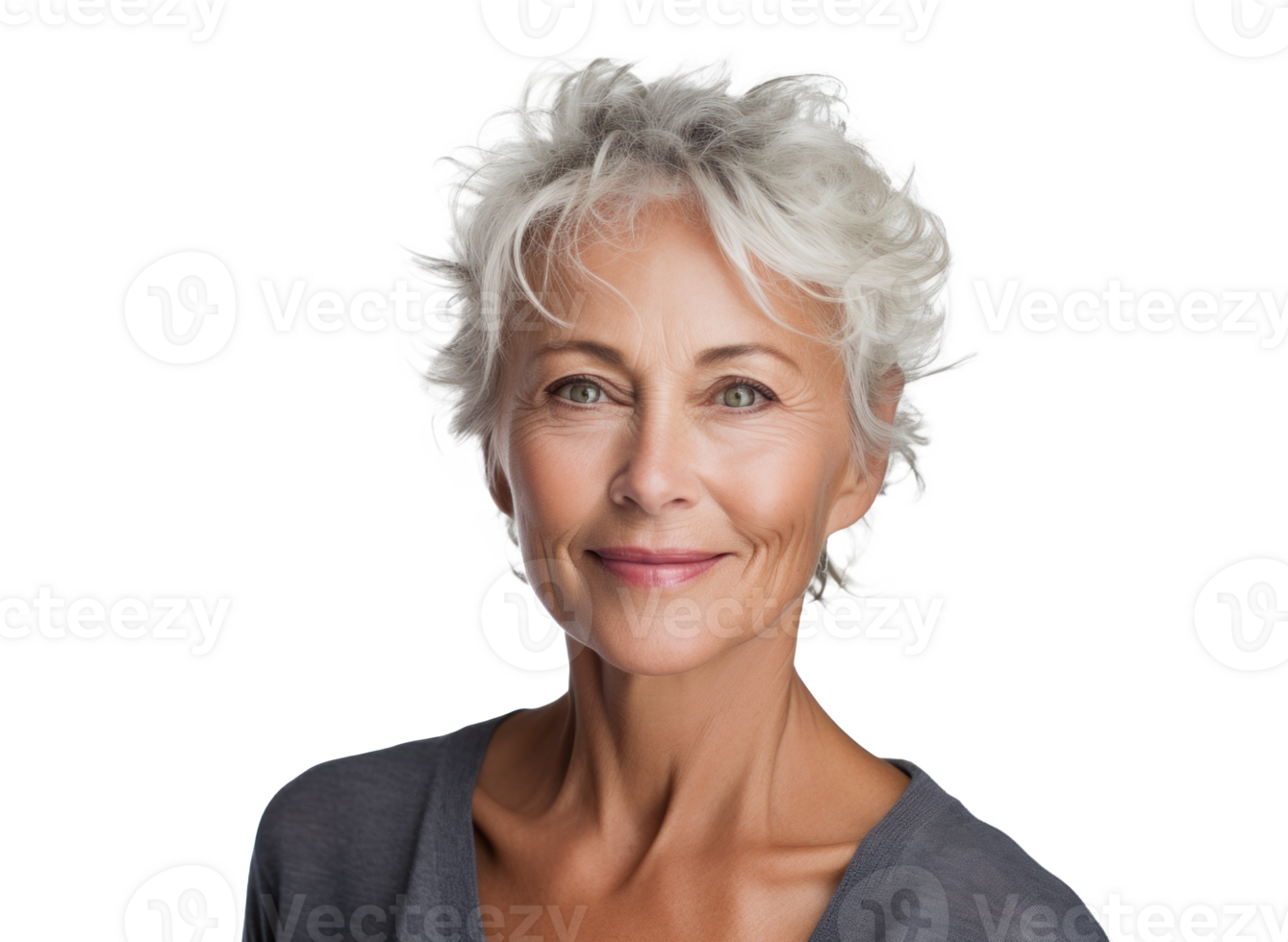 AI generated attractive older woman, png file of isolated cutout object with shadow on transparent background.