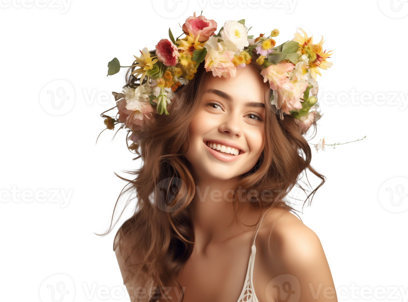AI generated Natural Woman Smiling with Floral Wreath png