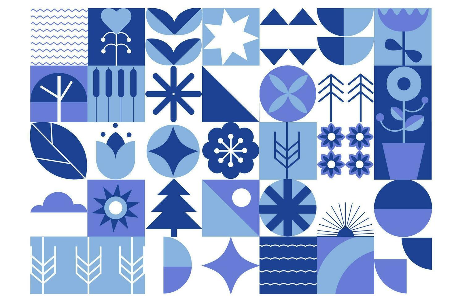 Modern geometric blue monochrome silhouette background, pattern. Bauhaus. Abstract flowers, shapes. vector