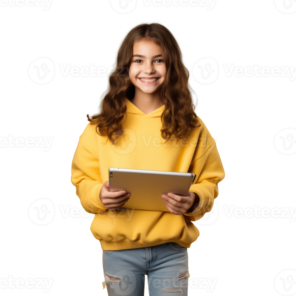 AI generated kid girl using tablet, png file of isolated cutout object with shadow on transparent background.