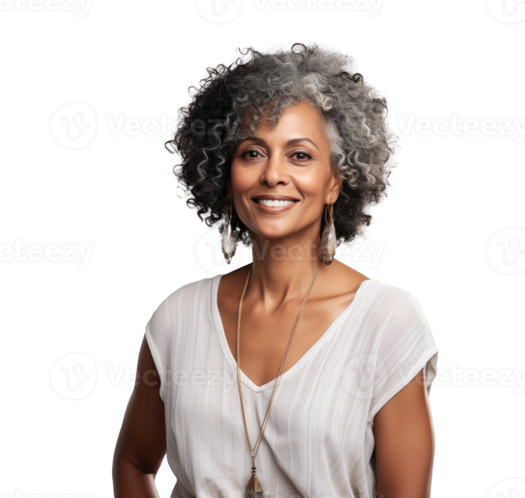 AI generated attractive black older woman, png file of isolated cutout object with shadow on transparent background.