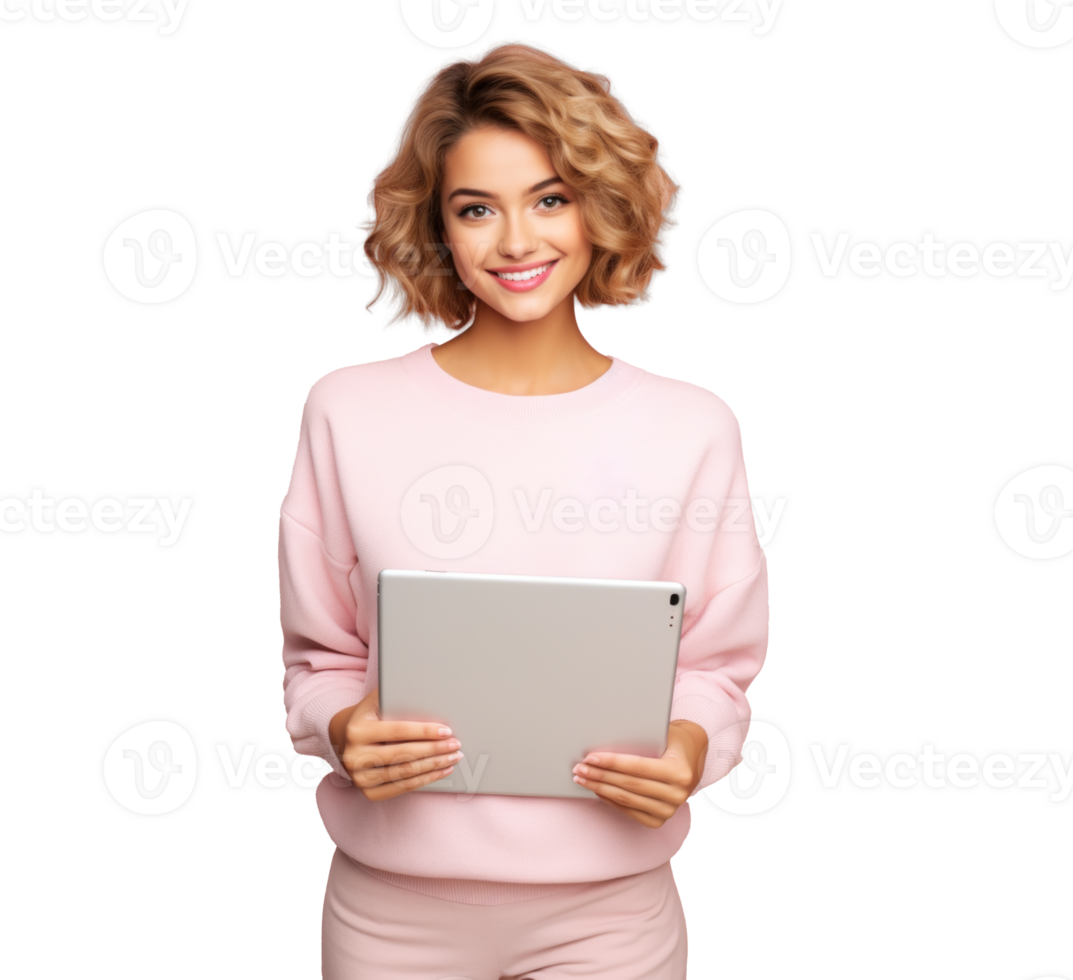 AI generated attractive girl using tablet, png file of isolated cutout object with shadow on transparent background.