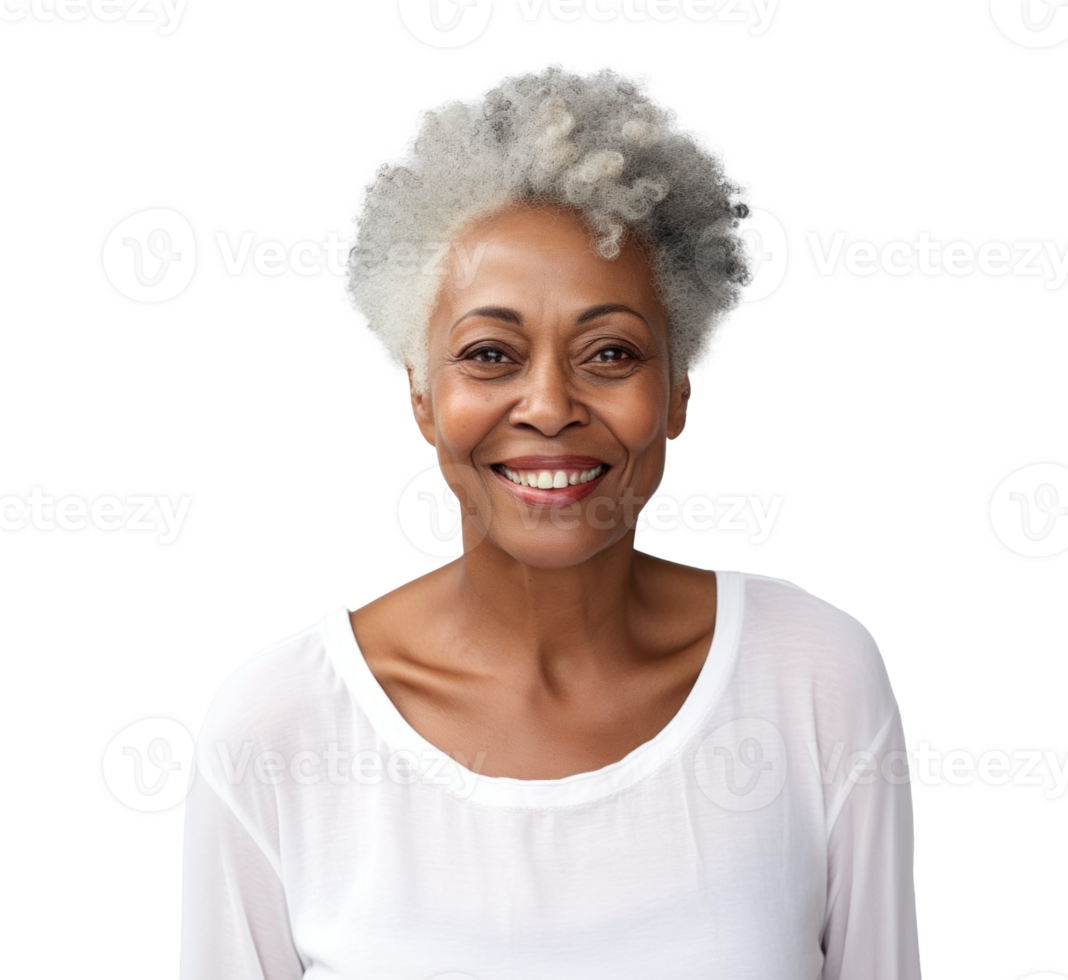 AI generated attractive black older woman, png file of isolated cutout object with shadow on transparent background.