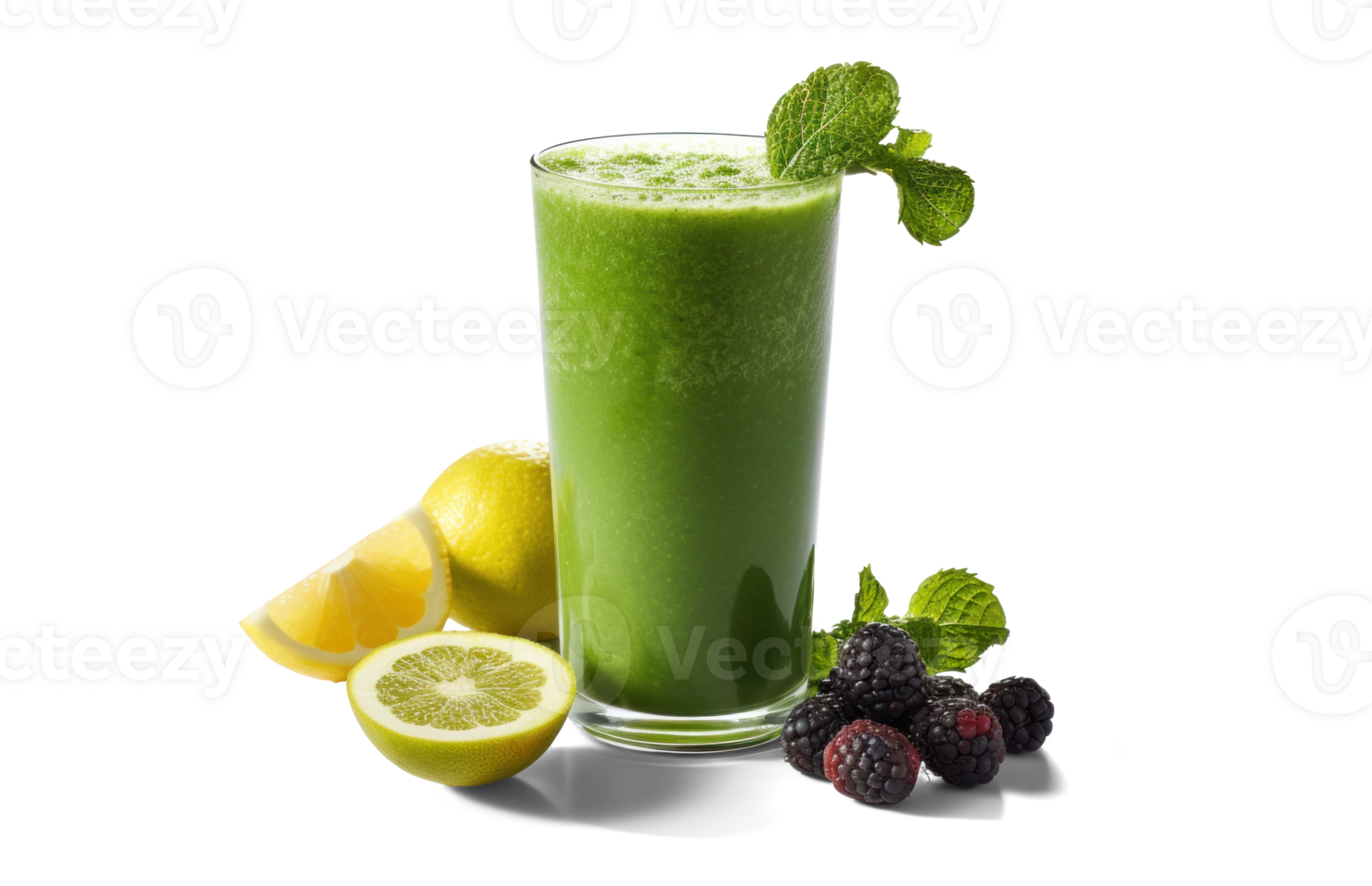 AI generated green smoothie, png file of isolated cutout object with shadow on transparent background.
