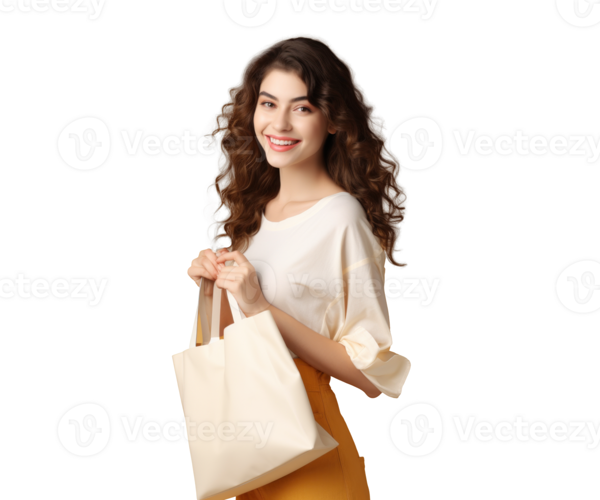 AI generated girl carry bag, png file of isolated cutout object with shadow on transparent background.