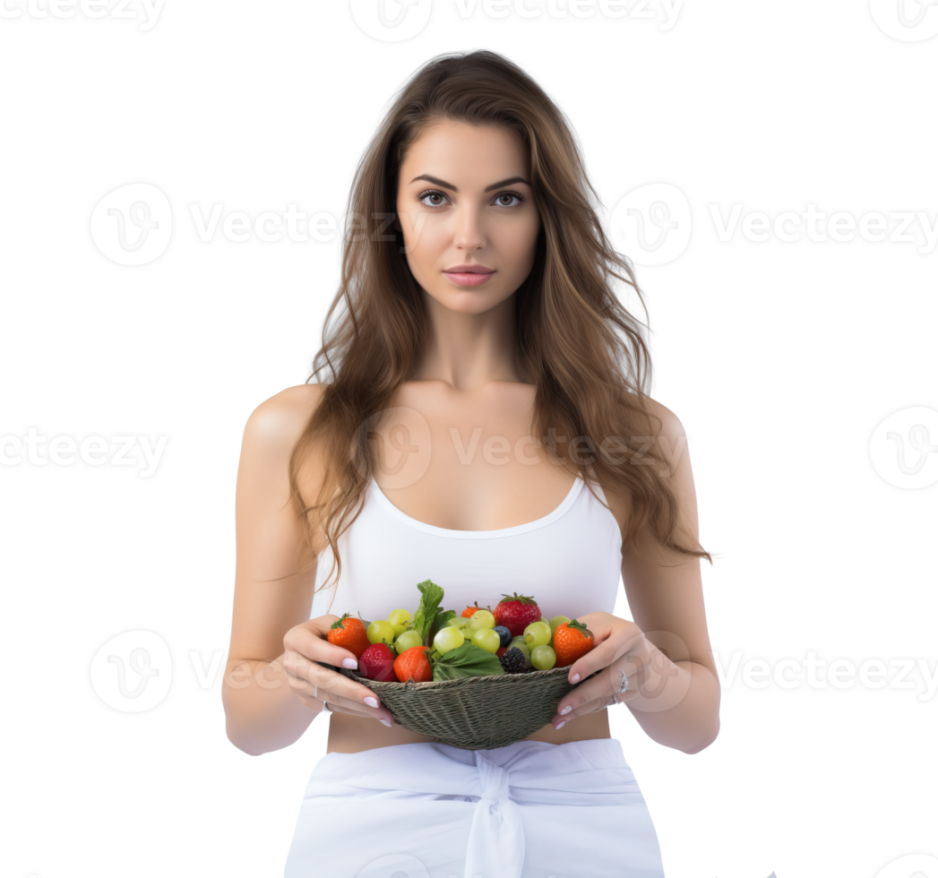 AI generated Healthy Woman Holding Fruit Bowl on Transparent Background png