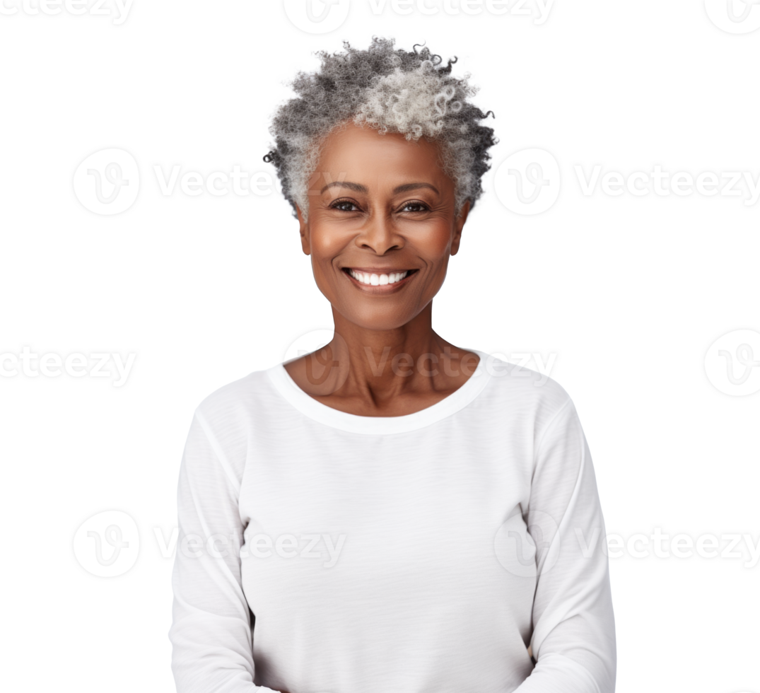 AI generated attractive black older woman, png file of isolated cutout object with shadow on transparent background.