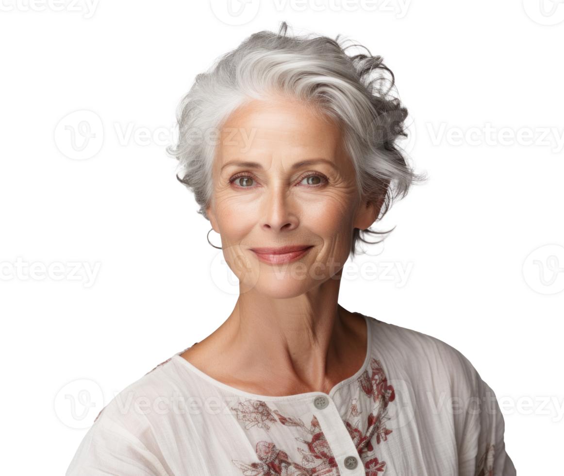 AI generated attractive older woman, png file of isolated cutout object with shadow on transparent background.