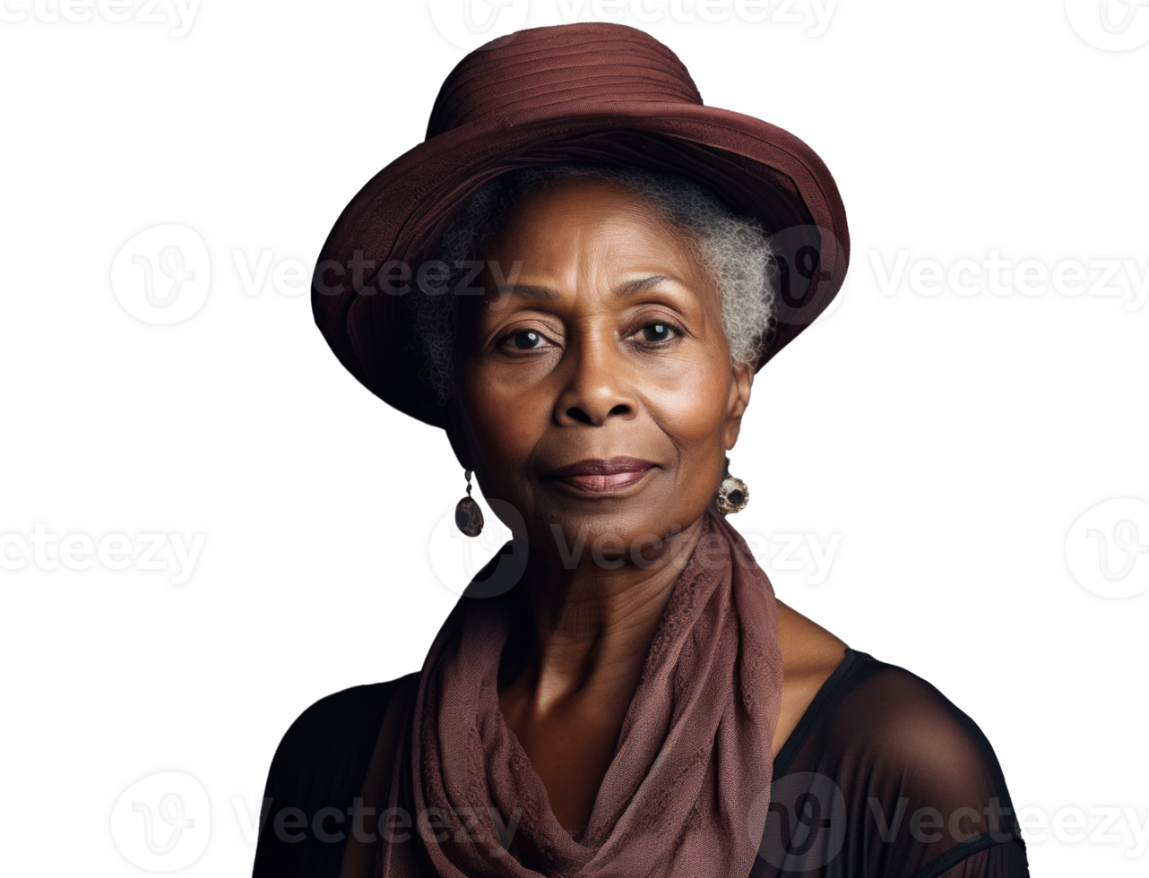 AI generated attractive black older woman, png file of isolated cutout object with shadow on transparent background.