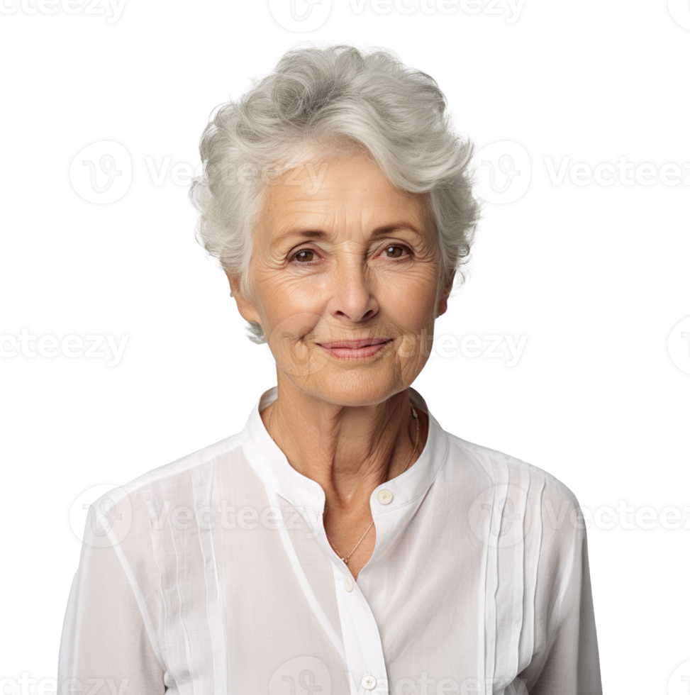 AI generated attractive older woman, png file of isolated cutout object with shadow on transparent background.