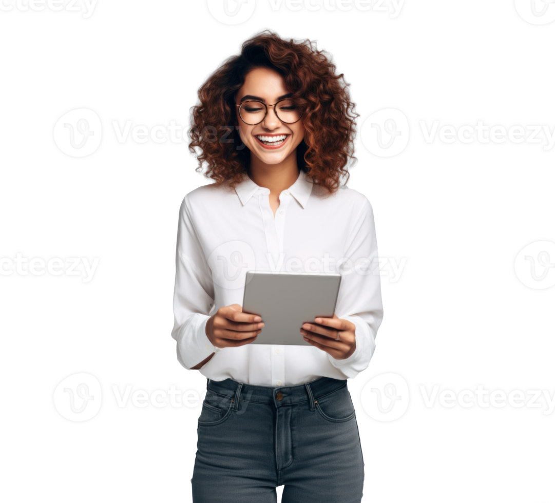 AI generated attractive girl using tablet, png file of isolated cutout object with shadow on transparent background.