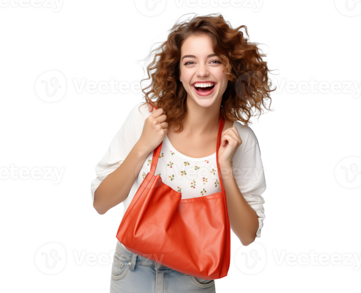 AI generated girl carry bag, png file of isolated cutout object with shadow on transparent background.