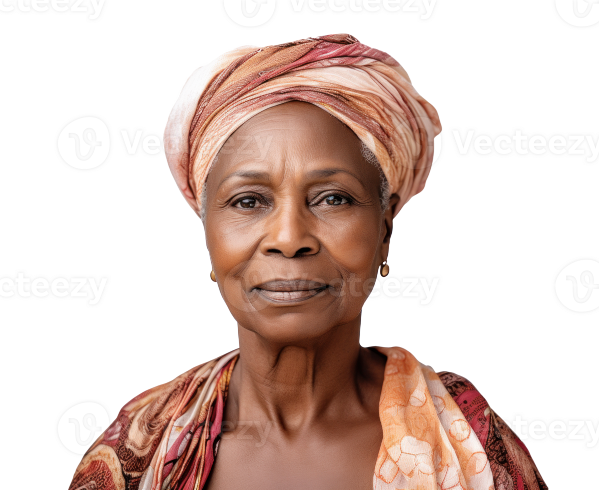 AI generated attractive black older woman, png file of isolated cutout object with shadow on transparent background.