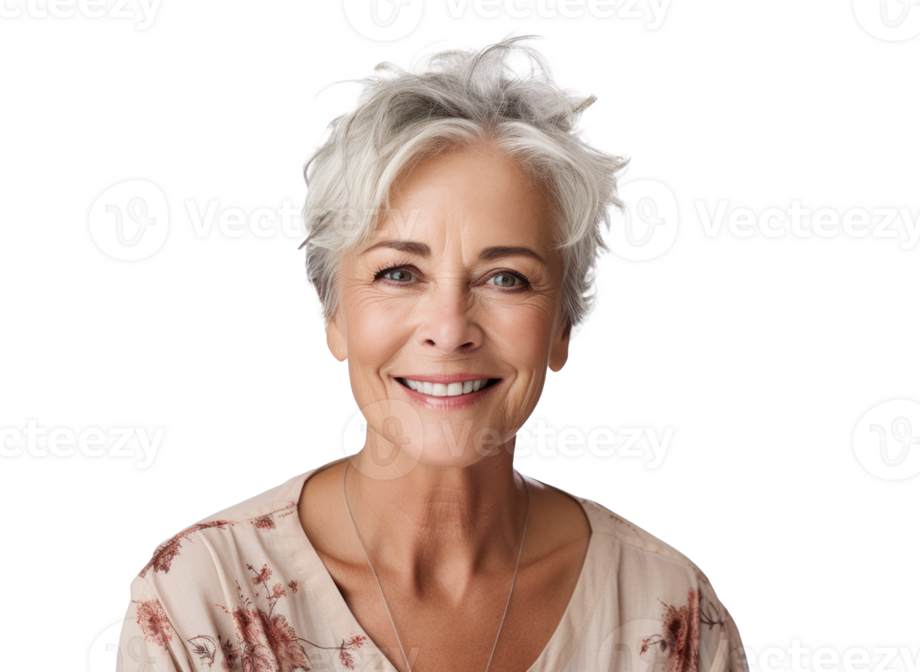 AI generated attractive older woman, png file of isolated cutout object with shadow on transparent background.
