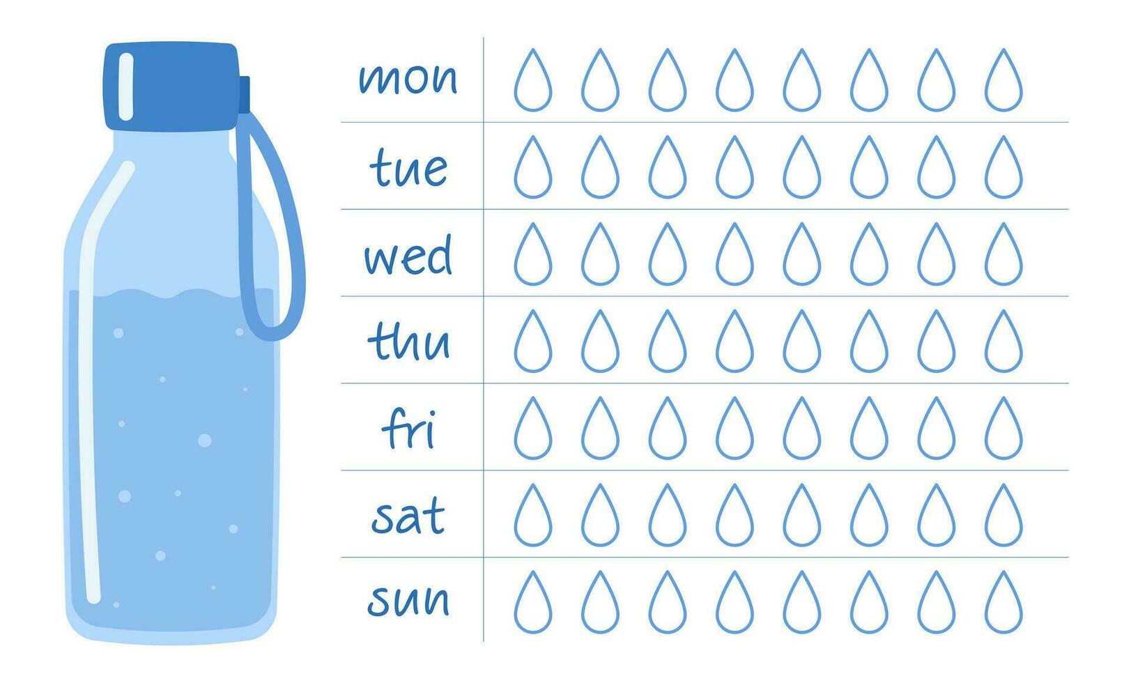 Water tracker. Drink more water. Drinking water checklist. Water bottle. Vector illustration in flat doodle style