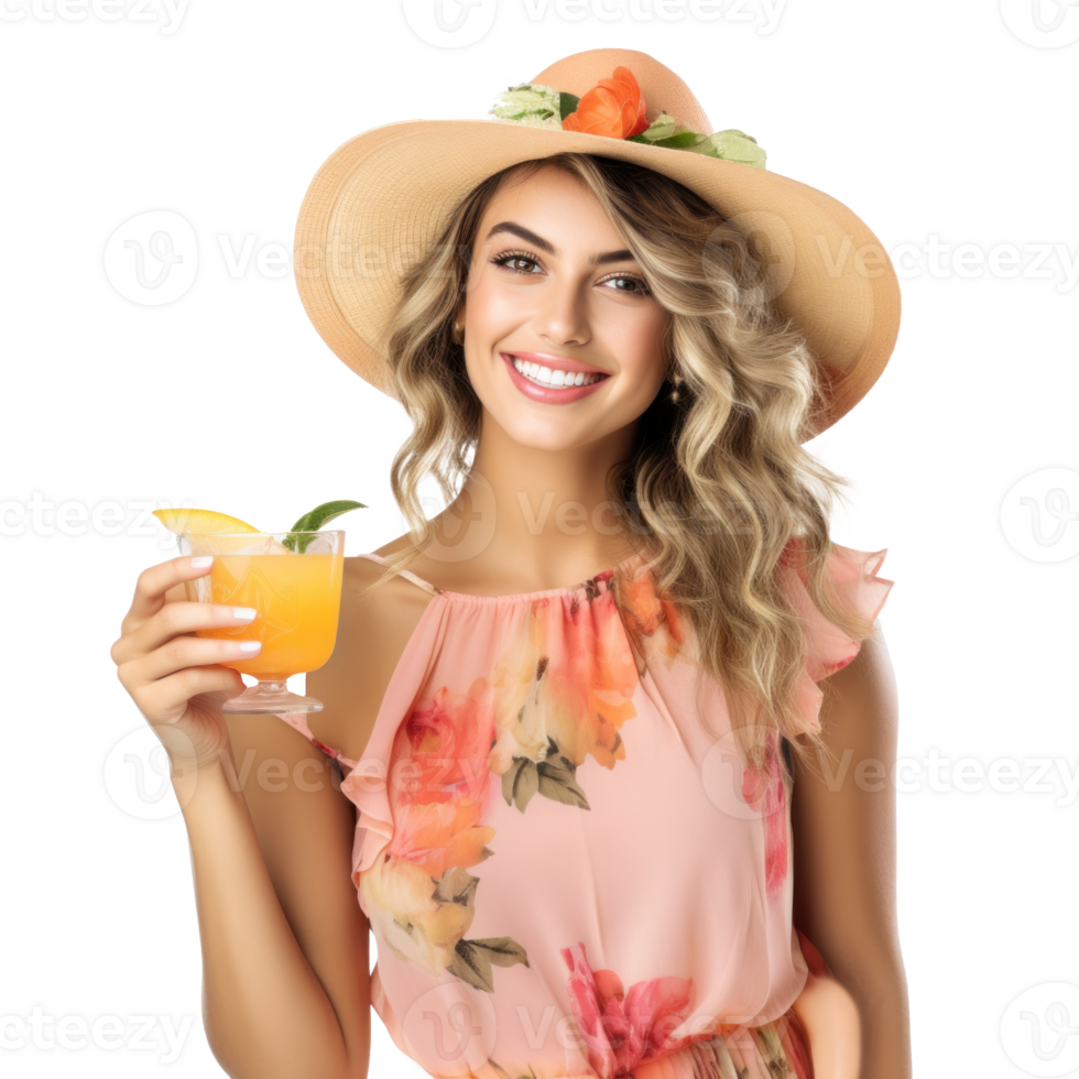 ai generado verano divertido mujer con tropical bebida png