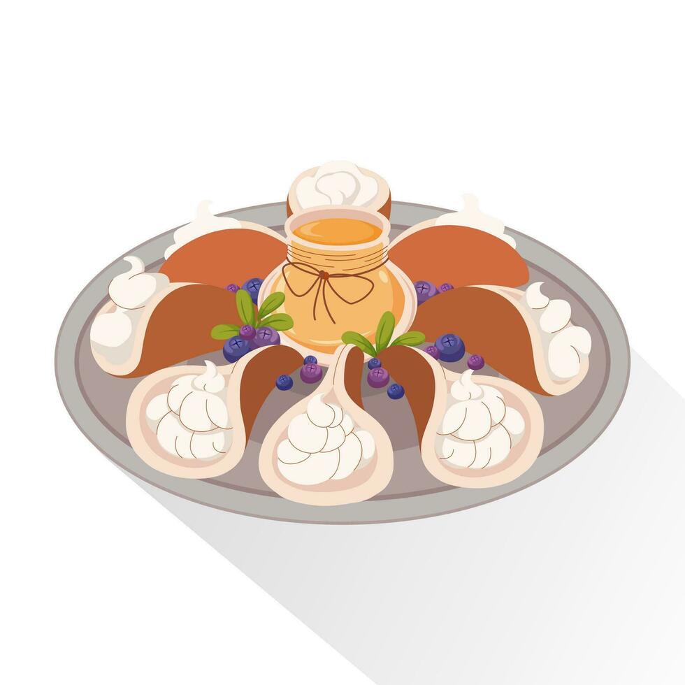 Arábica panqueques con relleno. tradicional comida para fiesta de eid Alabama fitr. Adición miel y bayas vector