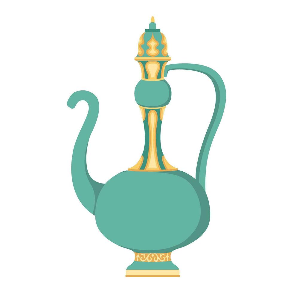 Arabic Teapot Isolated on white. Kitchen Arabically treasure, gold pot for coffee tea, heritage. Turkish coffee. Metal utensils for brewing tea. Vector flat illustration.