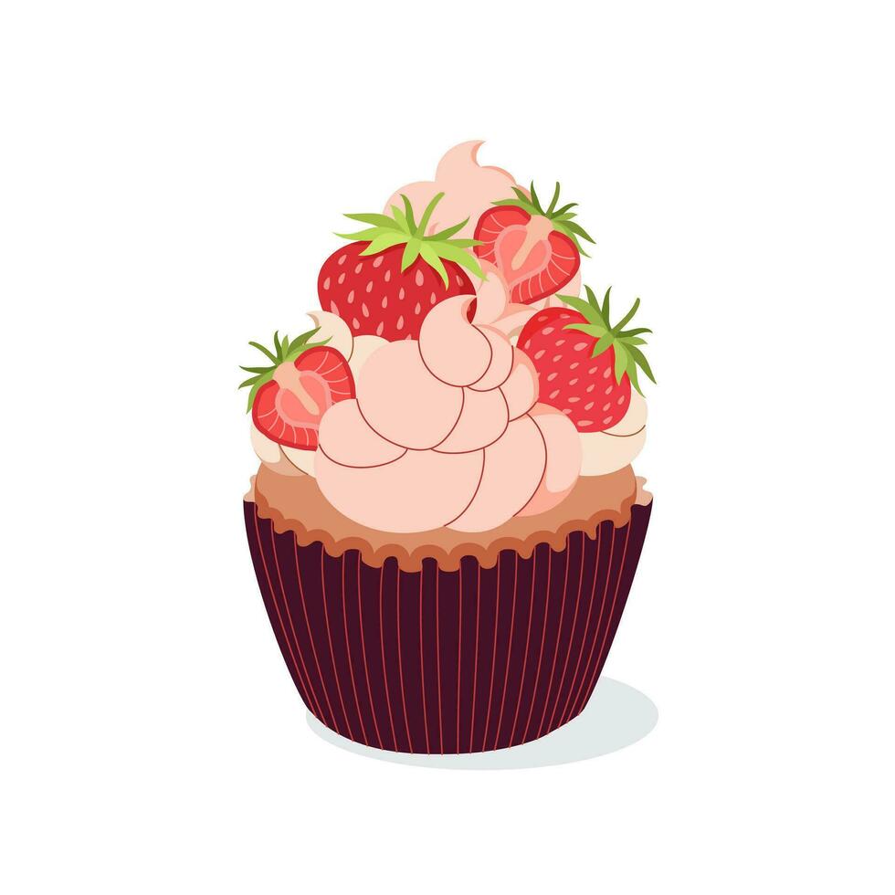 Cupcake with whipped cream and strawberries. Sweet pastry pastries with topping. Cake for cafe, menu. vector