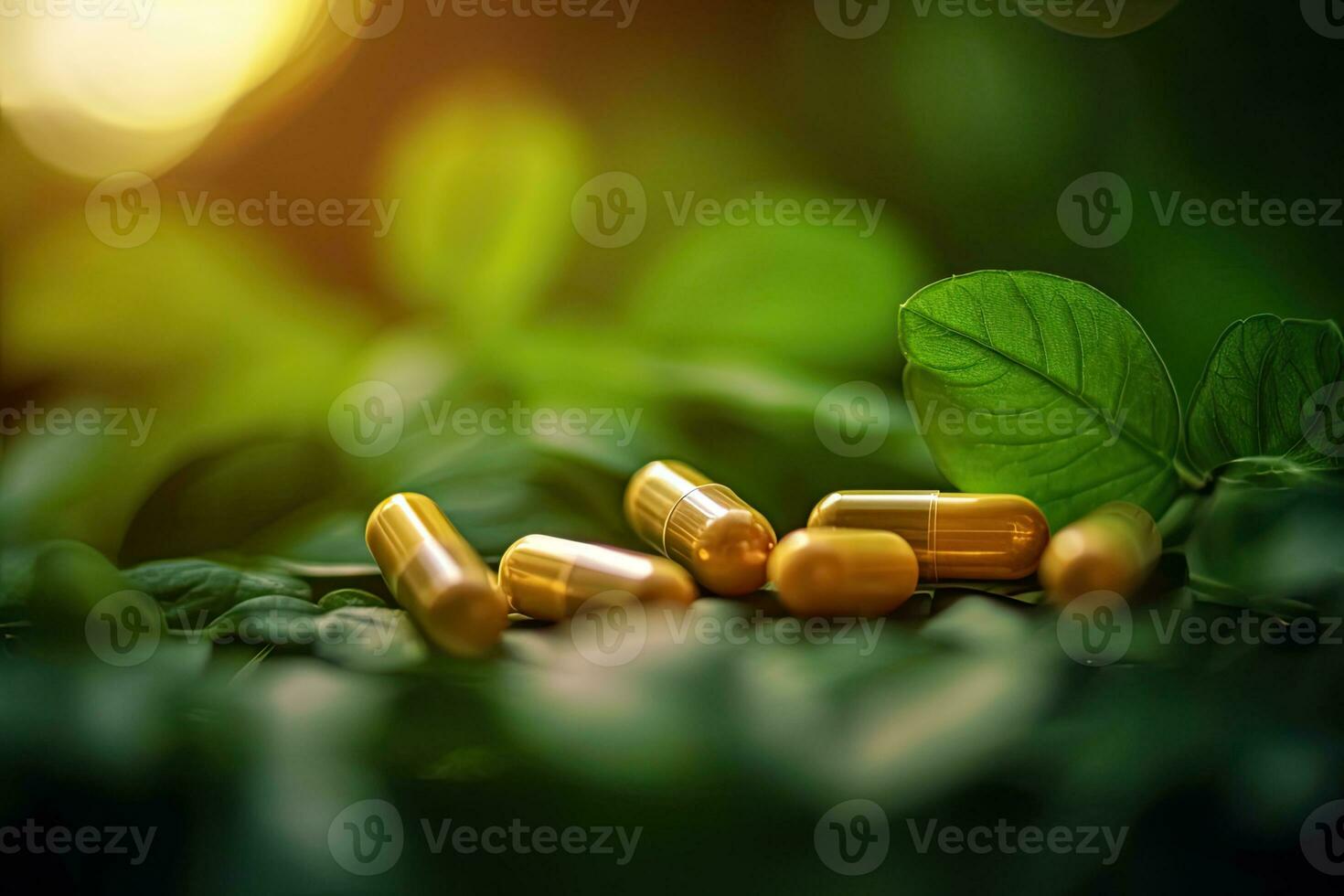 AI generated capsules of medicine, dietary supplement or vitamins in green grass on a blurred background. AI generated photo
