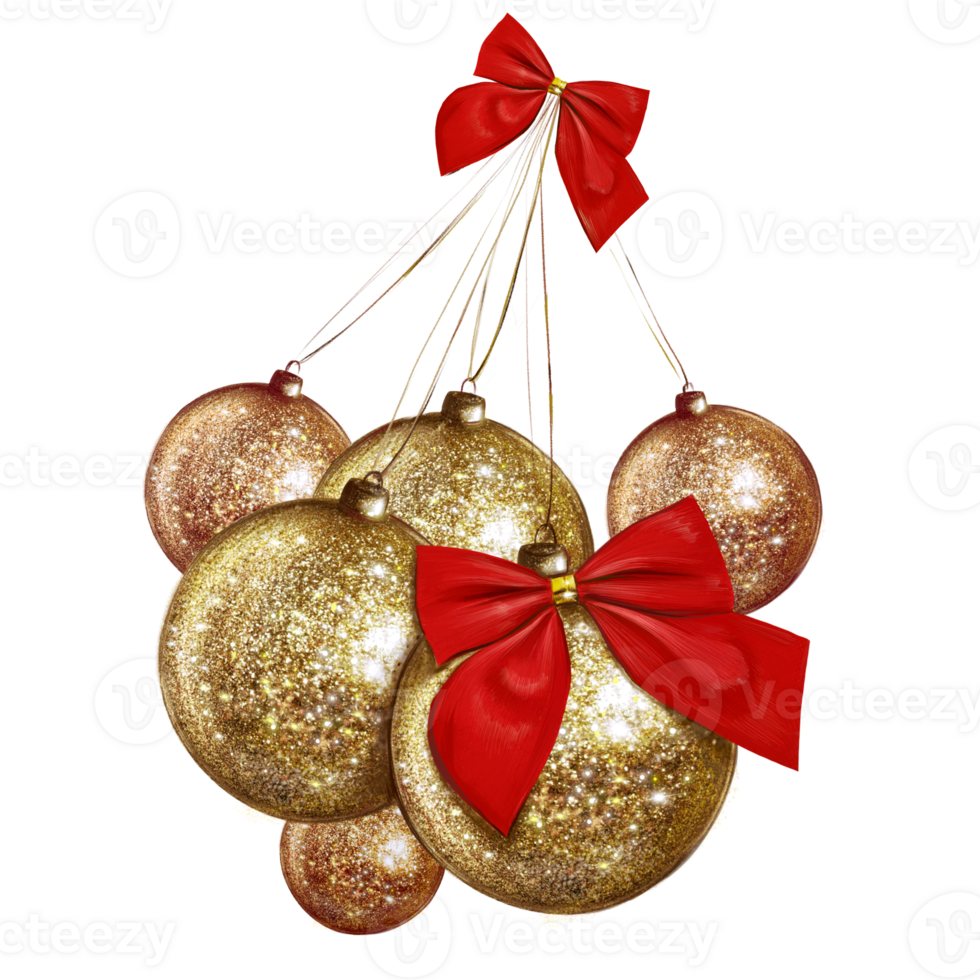 a group of golden Christmas balls with red bows in a bunch illustration png