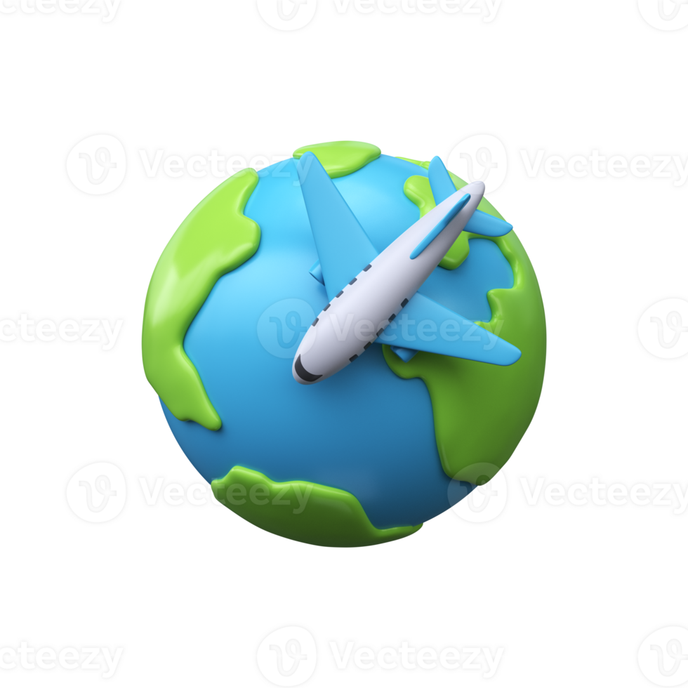3D Airplane and globe icon. Airplane flies around the earth png