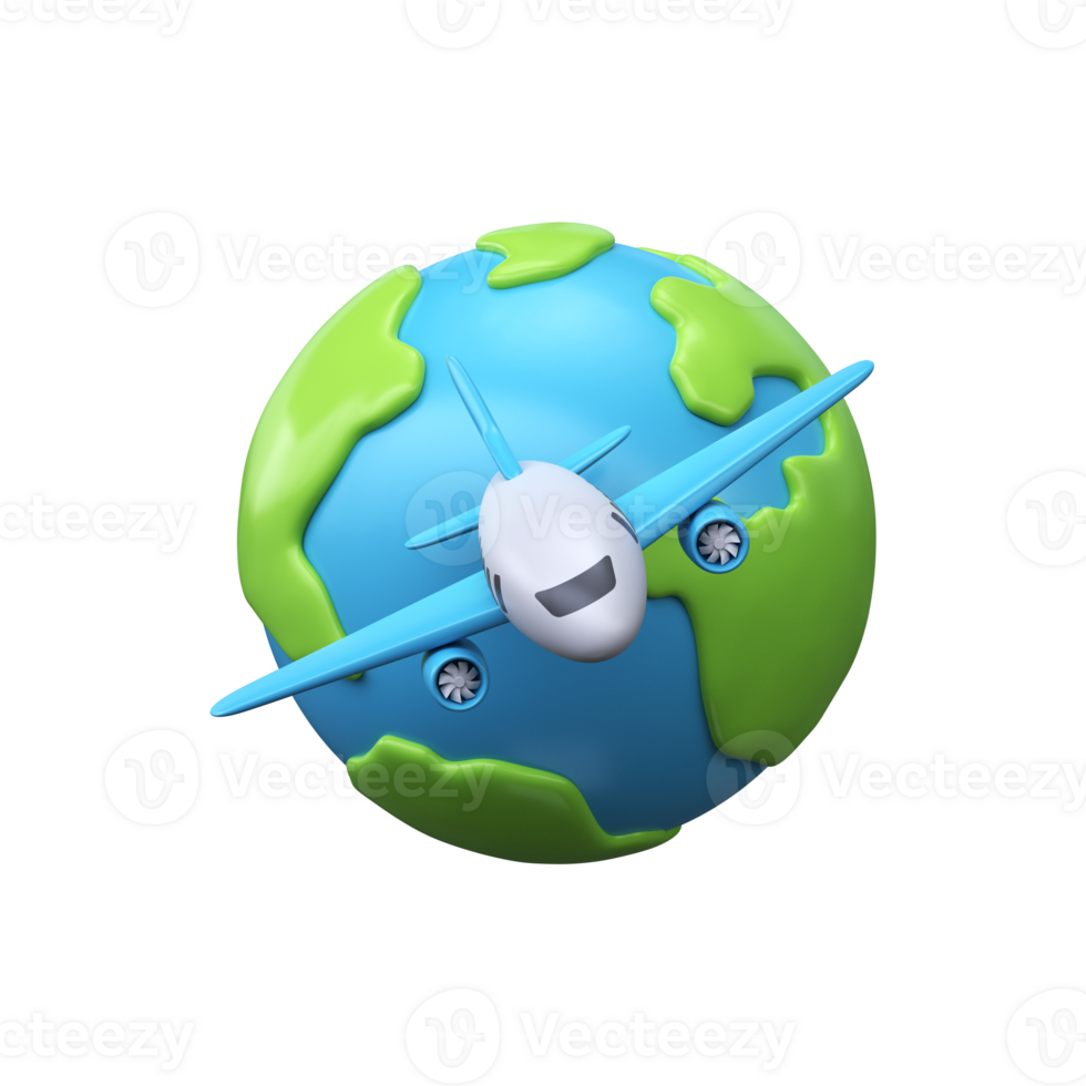 3D world travel icon. Earth and airplane flying forward png
