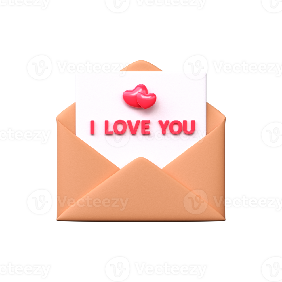 3D icon an open mail envelope with hearts and the inscription I love you png