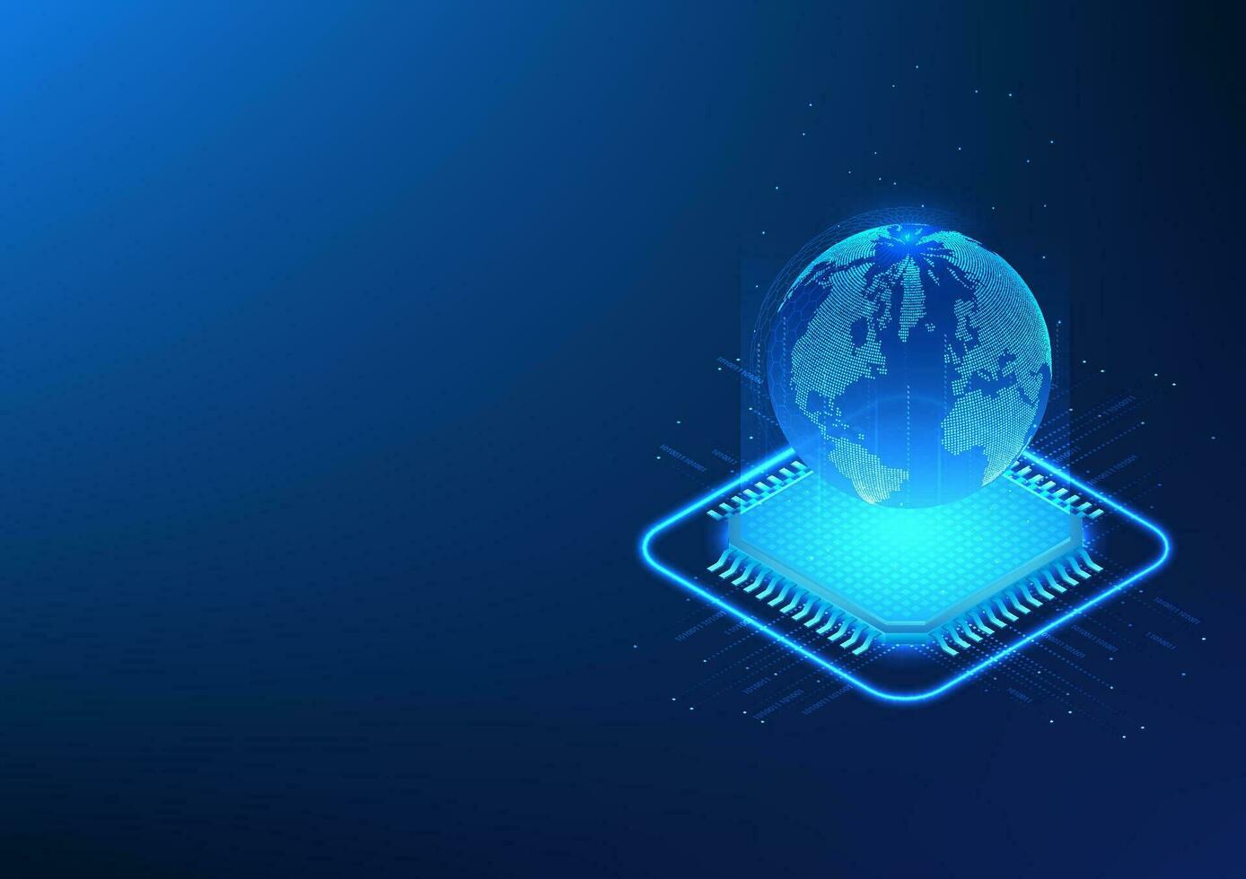 Microchip technology background with data transmission lines Above is the world, concept of development of artificial intelligence or AI around the world. Isothermal image, vector illustration