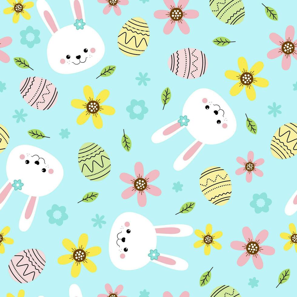 Lovely hand drawn Easter seamless pattern with bunnies, flowers, easter eggs, beautiful background. Suitable for Easter cards, banner, textiles, wallpapers. vector