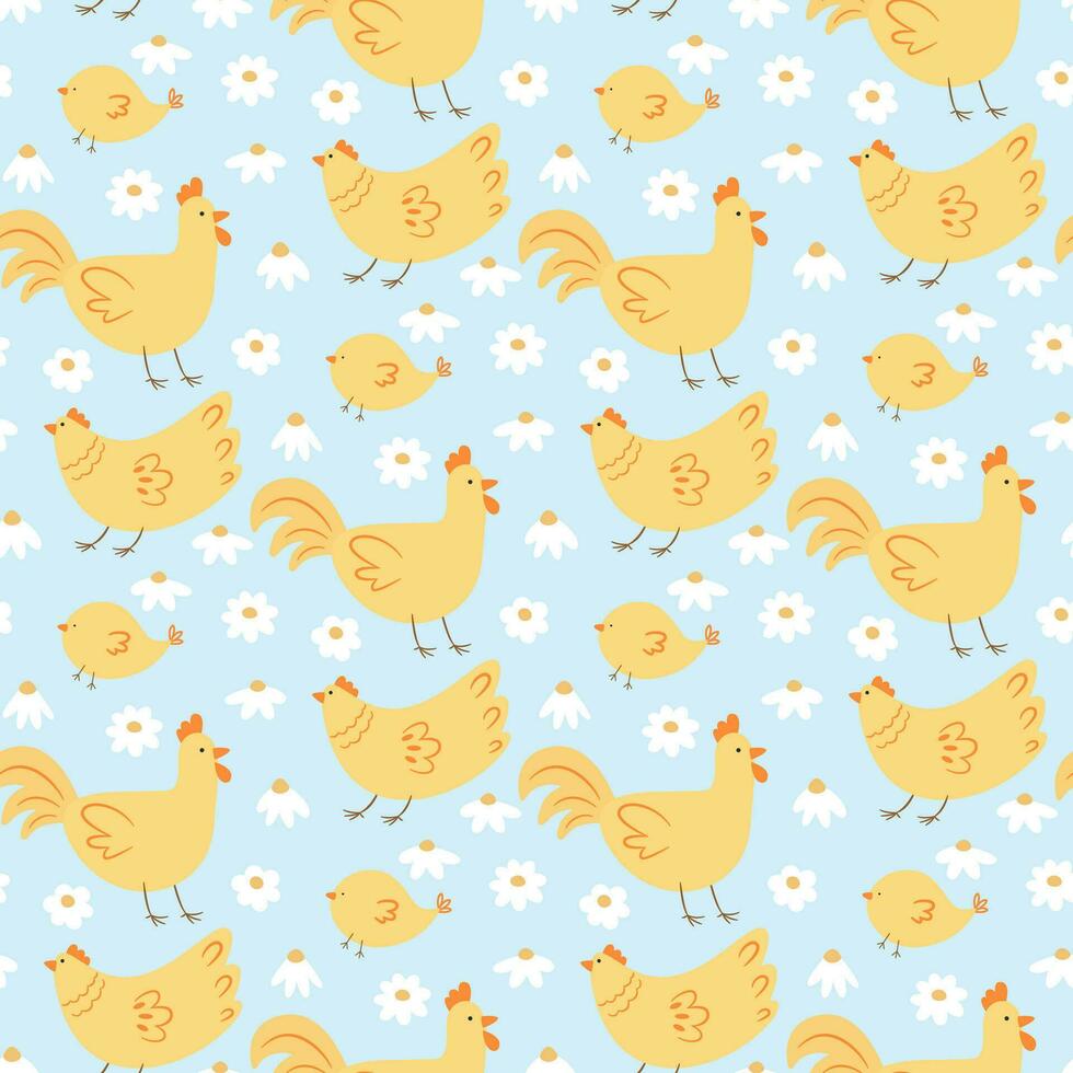 sin costura modelo con flor y gallinas y gallos, vector ilustración