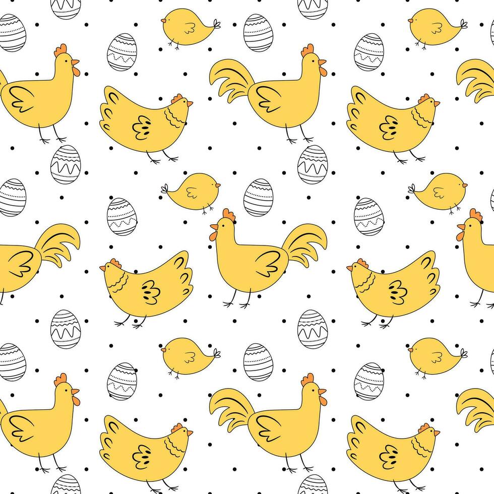 Cock, Chicken, chicks and eggs. Easter, spring seamless vector pattern for baby fabric, decoration, wrapping paper and wallpaper.