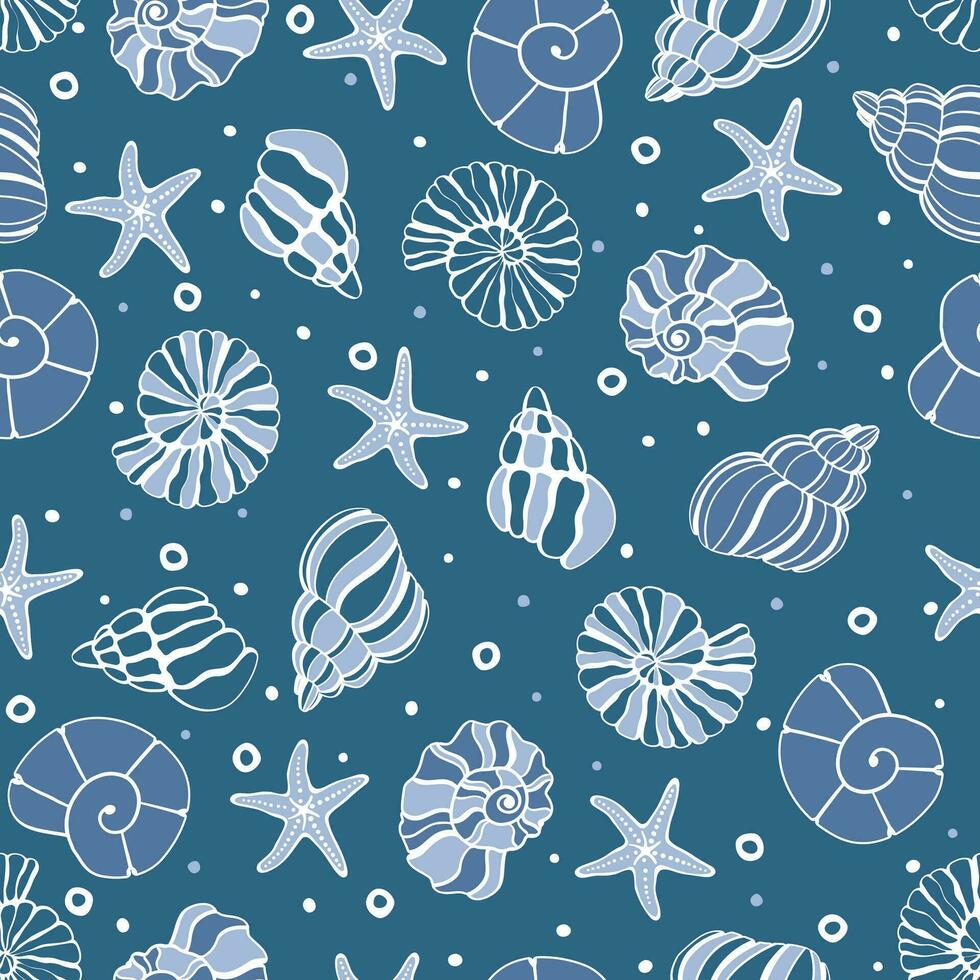 Hand drawn sea shells on blue background. Summer beach seaside print. vector