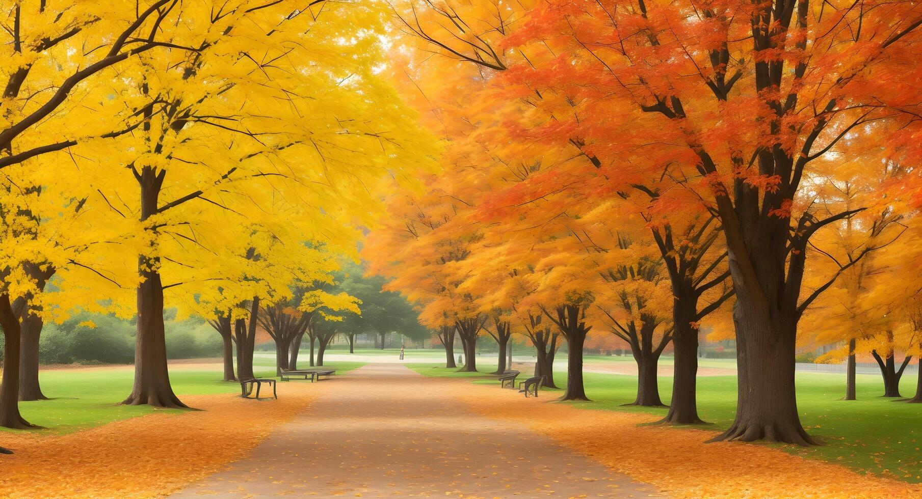 AI generated Empty park path lined with benches under vibrant autumn trees photo