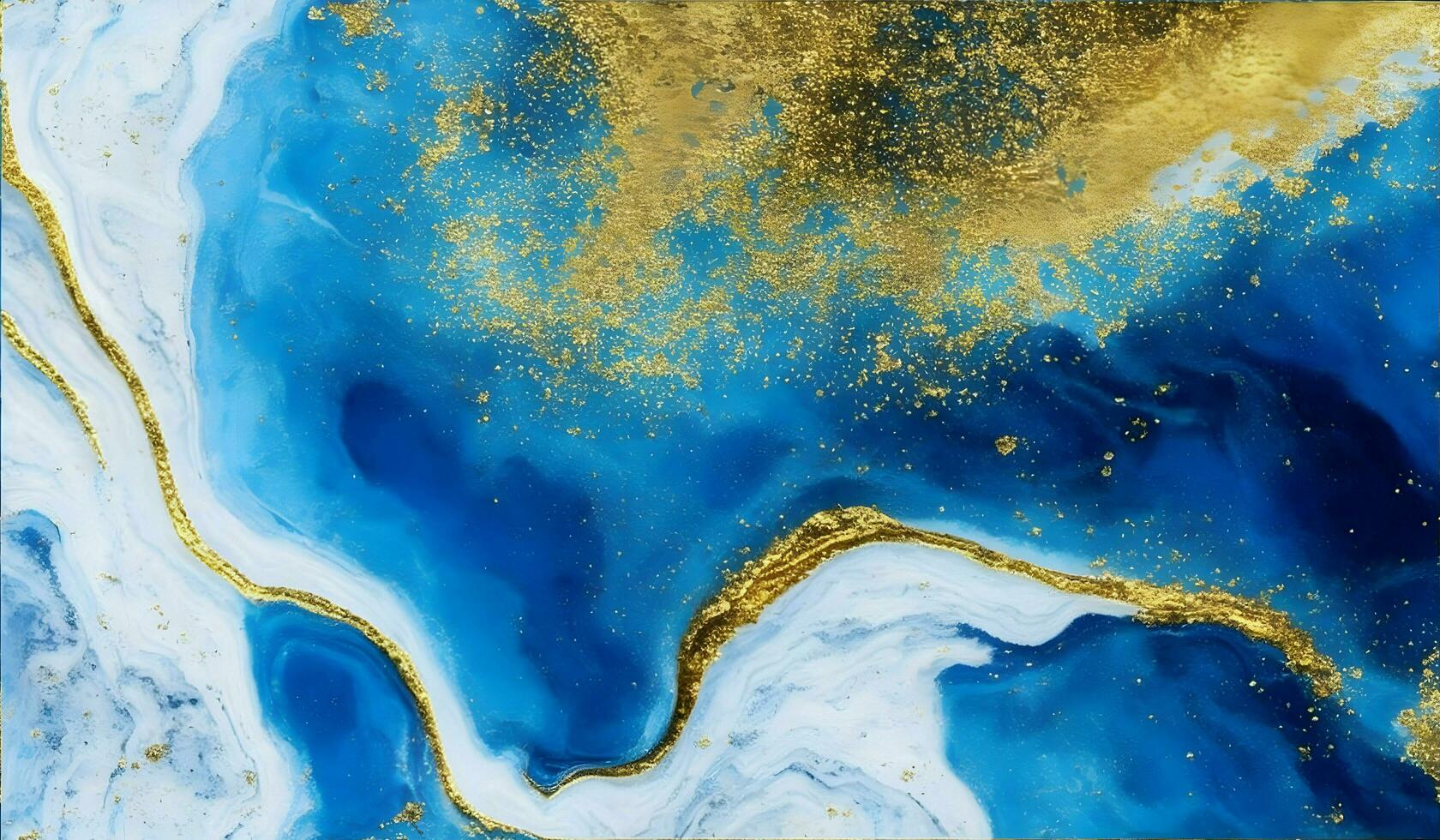 AI generated Blue, white and gold abstract acrylic background. Marbling artwork texture. Gold powder. Agate ripple pattern photo