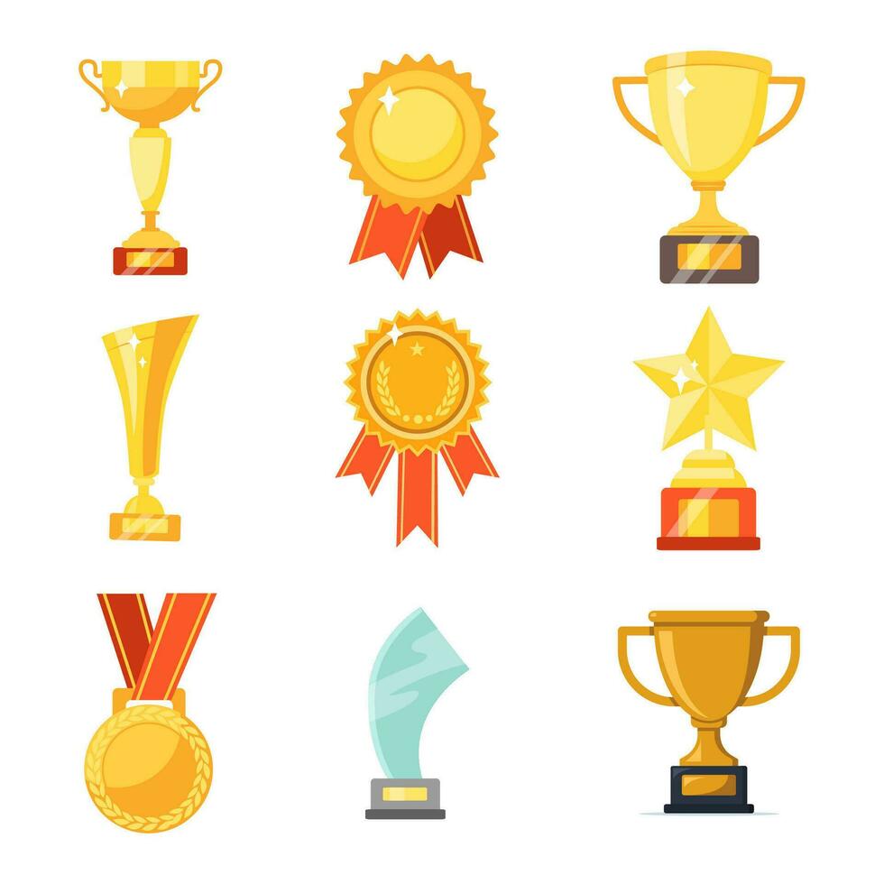 Set with award, award with number 1, one, trophy cup, trophy cup with star winner medal, trophy star, user with rating vector icon